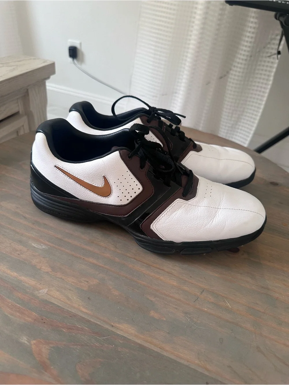 Nike Men’s White, Brown and Black Golf  Shoes with Copper Swoosh